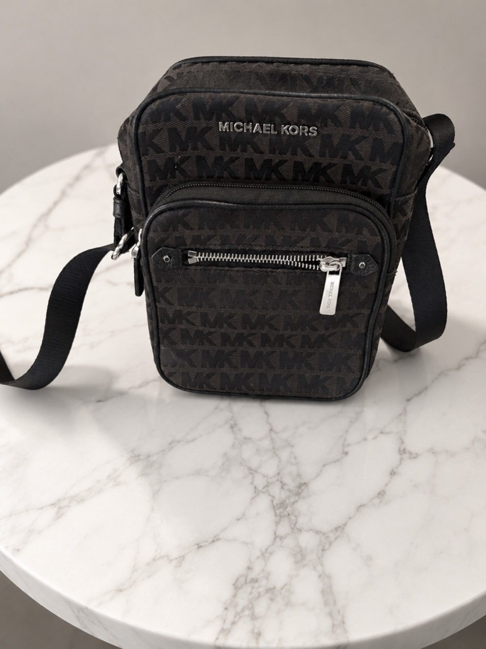 Michael Kors Black and Dark Brown MK Logo Messenger Bag